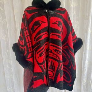 Northwest Red and Black Patterned Fur-Trim Cape